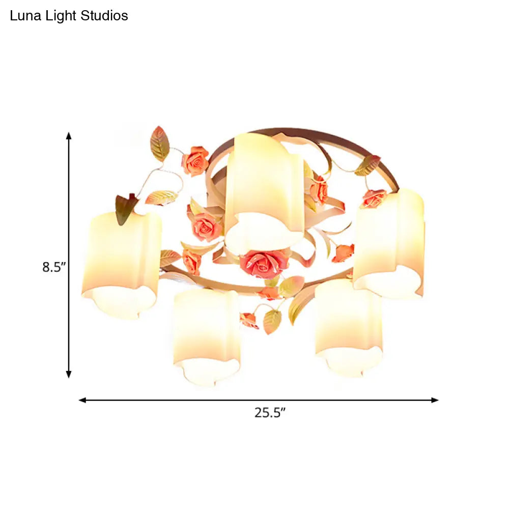 DecorBites™ DecorBites™ Romantic Pastoral Floral Ceiling Flush Chandelier - 3/5-Head, White/Yellow with Frosted Glass - Semi Flush Mount