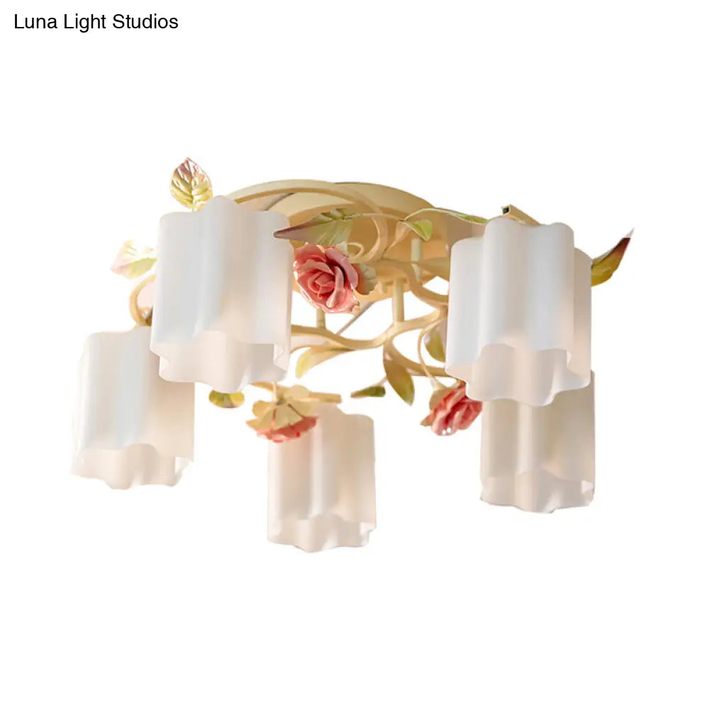 DecorBites™ DecorBites™ Romantic Pastoral Floral Ceiling Flush Chandelier - 3/5-Head, White/Yellow with Frosted Glass - Semi Flush Mount