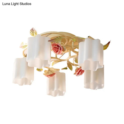 DecorBites™ DecorBites™ Romantic Pastoral Floral Ceiling Flush Chandelier - 3/5-Head, White/Yellow with Frosted Glass - Semi Flush Mount