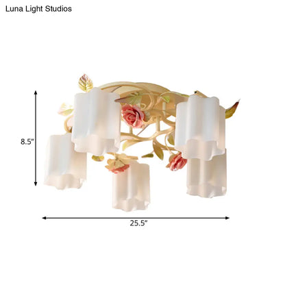 DecorBites™ DecorBites™ Romantic Pastoral Floral Ceiling Flush Chandelier - 3/5-Head, White/Yellow with Frosted Glass - Semi Flush Mount