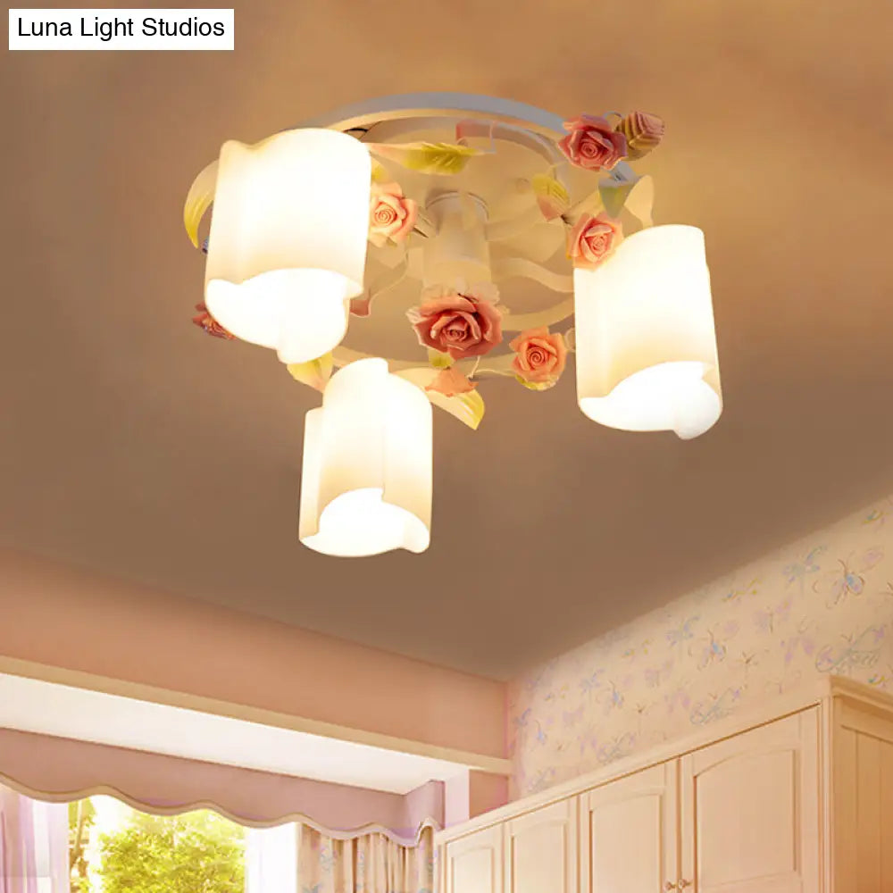DecorBites™ DecorBites™ Romantic Pastoral Floral Ceiling Flush Chandelier - 3/5-Head, White/Yellow with Frosted Glass - Semi Flush Mount