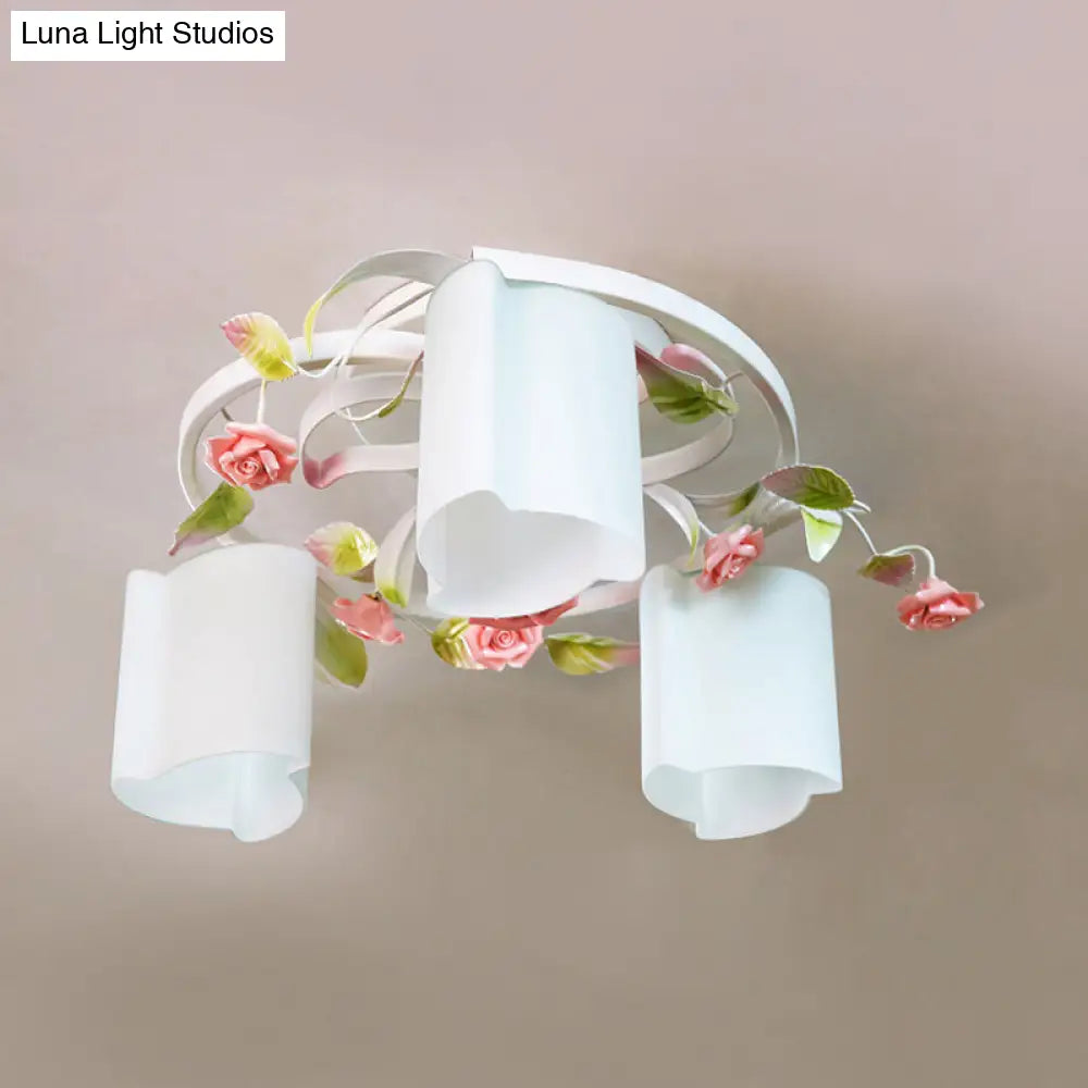 DecorBites™ DecorBites™ Romantic Pastoral Floral Ceiling Flush Chandelier - 3/5-Head, White/Yellow with Frosted Glass - Semi Flush Mount