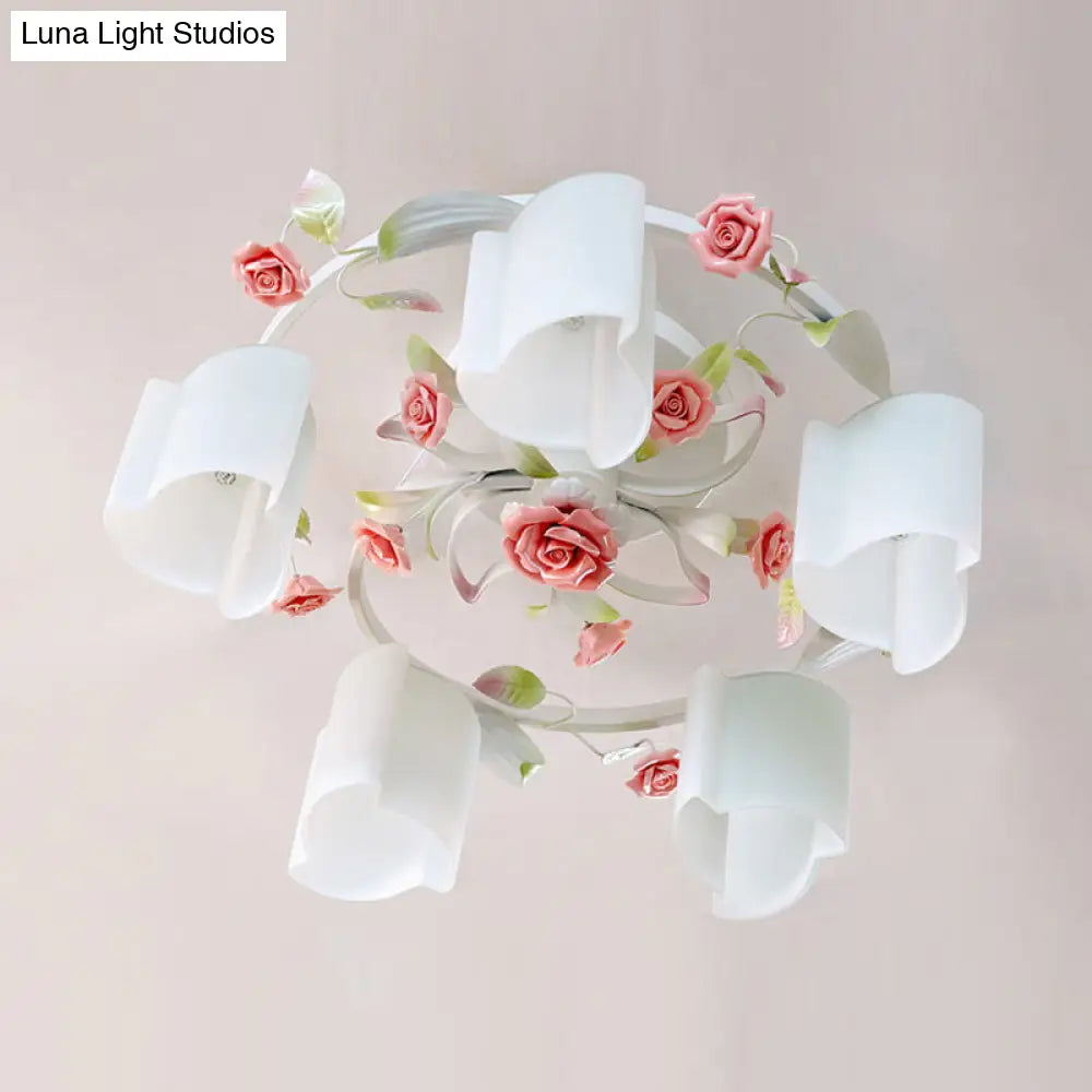 DecorBites™ DecorBites™ Romantic Pastoral Floral Ceiling Flush Chandelier - 3/5-Head, White/Yellow with Frosted Glass - Semi Flush Mount
