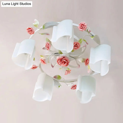 DecorBites™ DecorBites™ Romantic Pastoral Floral Ceiling Flush Chandelier - 3/5-Head, White/Yellow with Frosted Glass - Semi Flush Mount