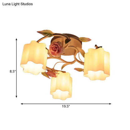 DecorBites™ DecorBites™ Romantic Pastoral Floral Ceiling Flush Chandelier - 3/5-Head, White/Yellow with Frosted Glass - Semi Flush Mount