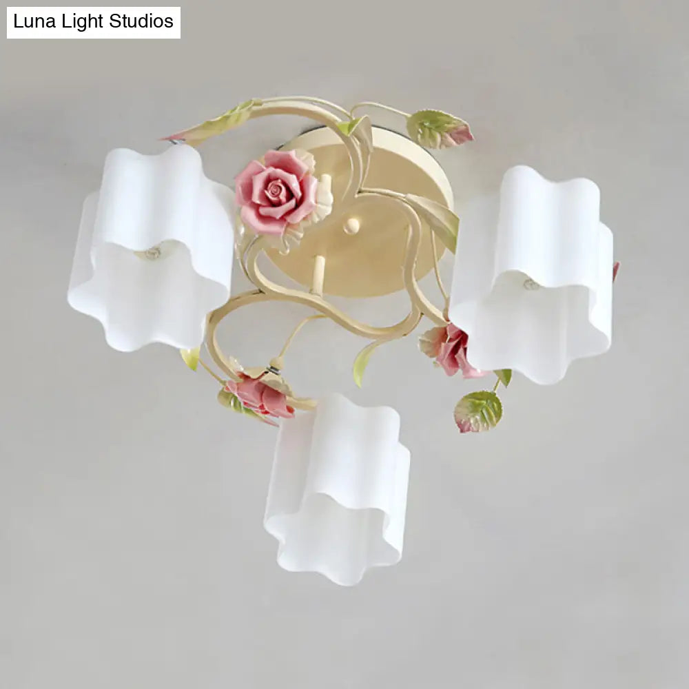 DecorBites™ DecorBites™ Romantic Pastoral Floral Ceiling Flush Chandelier - 3/5-Head, White/Yellow with Frosted Glass - Semi Flush Mount