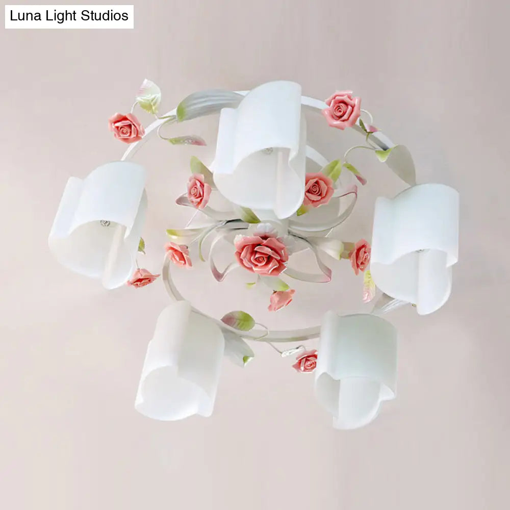DecorBites™ DecorBites™ Romantic Pastoral Floral Ceiling Flush Chandelier - 3/5-Head, White/Yellow with Frosted Glass - Semi Flush Mount