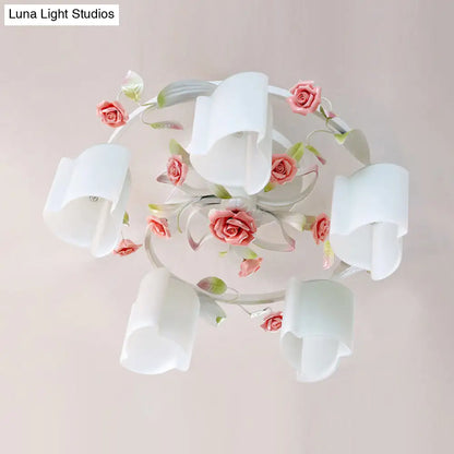 DecorBites™ DecorBites™ Romantic Pastoral Floral Ceiling Flush Chandelier - 3/5-Head, White/Yellow with Frosted Glass - Semi Flush Mount