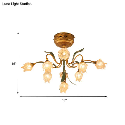 DecorBites™ DecorBites™ Romantic Pastoral Living Room LED Ceiling Lamp with Flower Frosted Glass in Brass - Brass 9-Head Semi Flush Mount