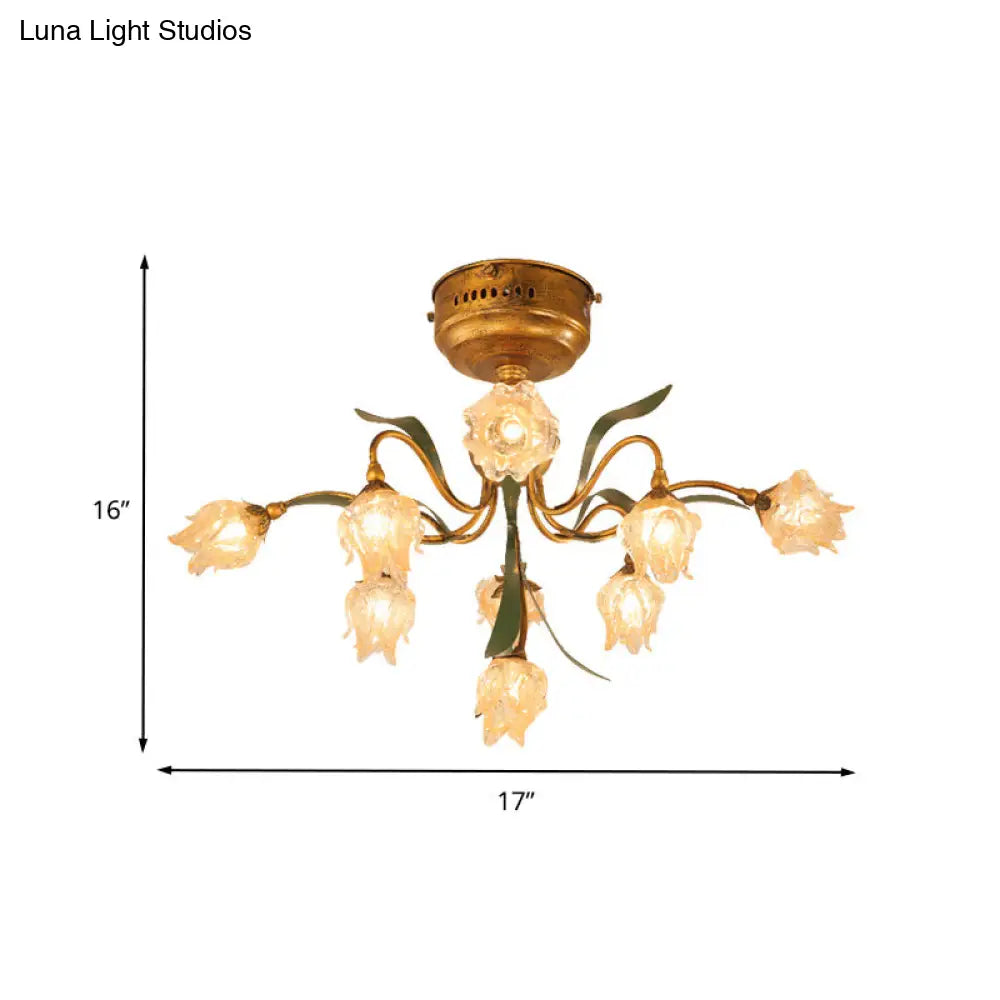 DecorBites™ DecorBites™ Romantic Pastoral Living Room LED Ceiling Lamp with Flower Frosted Glass in Brass - Brass 9-Head Semi Flush Mount