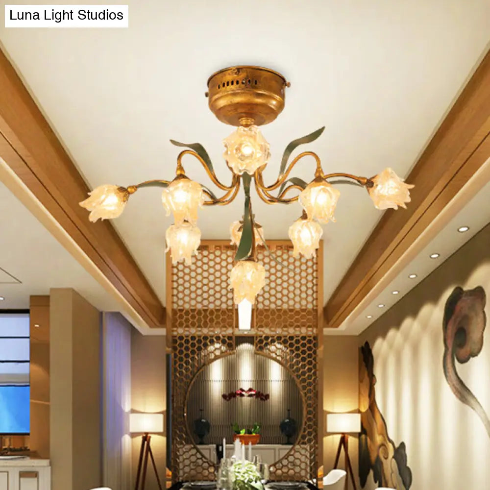 DecorBites™ DecorBites™ Romantic Pastoral Living Room LED Ceiling Lamp with Flower Frosted Glass in Brass - Brass 9-Head Semi Flush Mount