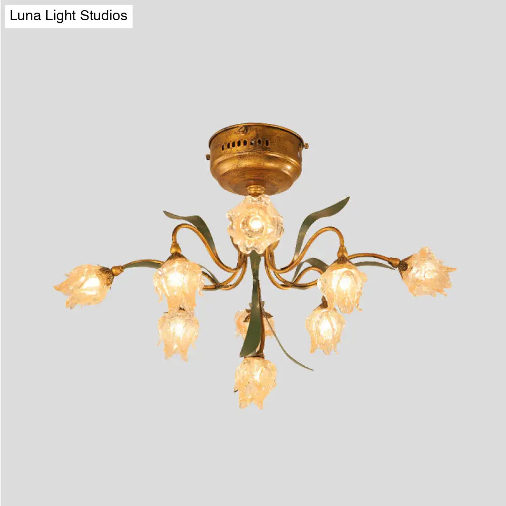 DecorBites™ DecorBites™ Romantic Pastoral Living Room LED Ceiling Lamp with Flower Frosted Glass in Brass - Brass 9-Head Semi Flush Mount