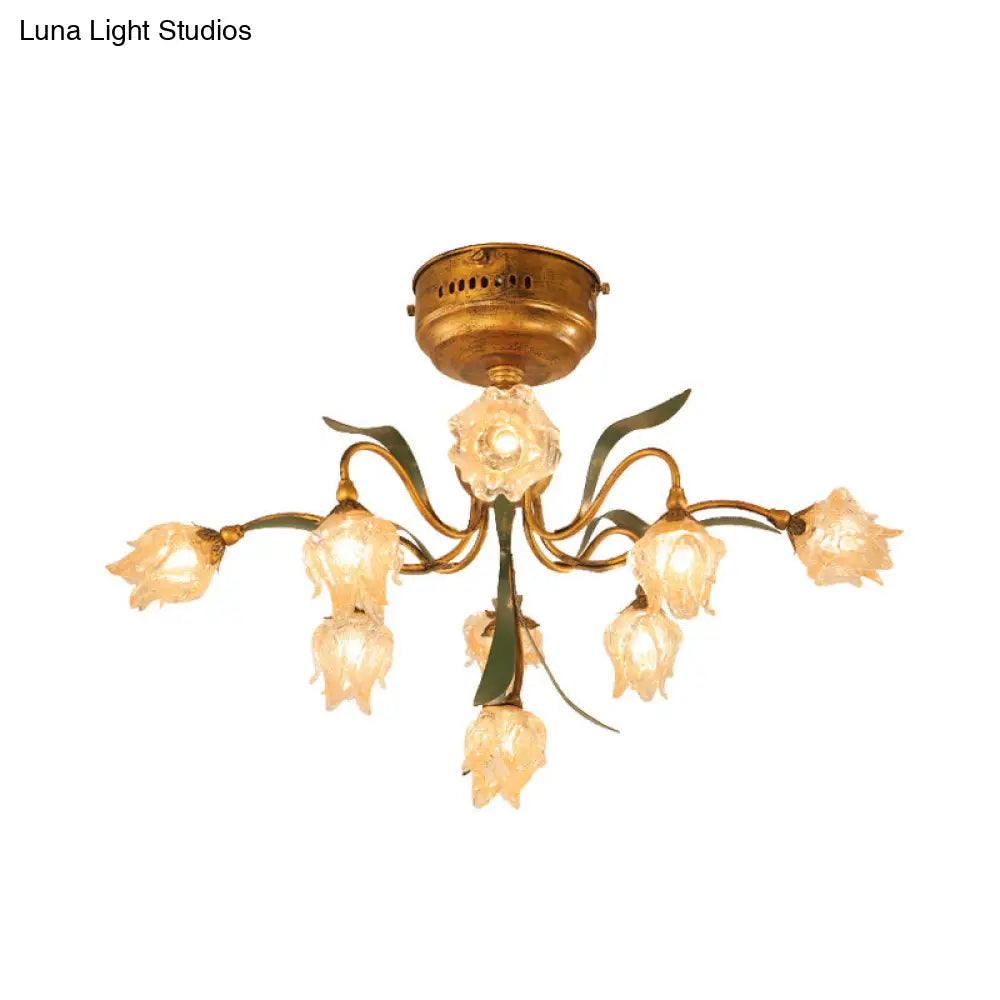 DecorBites™ DecorBites™ Romantic Pastoral Living Room LED Ceiling Lamp with Flower Frosted Glass in Brass - Brass 9-Head Semi Flush Mount