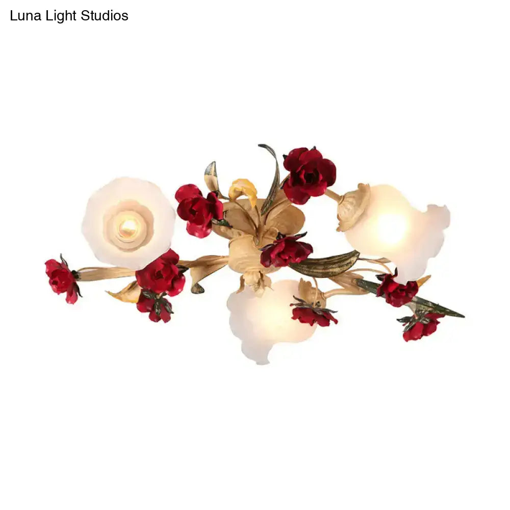 DecorBites™ DecorBites™ Romantic Pastoral Living Room Semi Flush Mount with Flower Frosted Glass Shade in White - 3/5-Light Flush Lamp