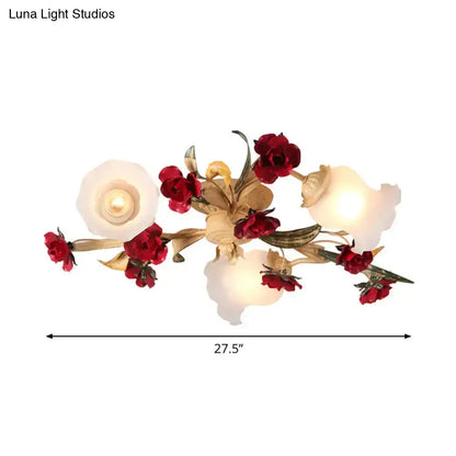 DecorBites™ DecorBites™ Romantic Pastoral Living Room Semi Flush Mount with Flower Frosted Glass Shade in White - 3/5-Light Flush Lamp