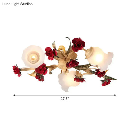 DecorBites™ DecorBites™ Romantic Pastoral Living Room Semi Flush Mount with Flower Frosted Glass Shade in White - 3/5-Light Flush Lamp
