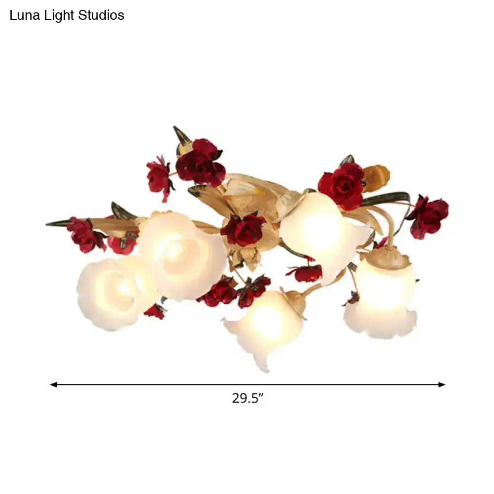 DecorBites™ DecorBites™ Romantic Pastoral Living Room Semi Flush Mount with Flower Frosted Glass Shade in White - 3/5-Light Flush Lamp