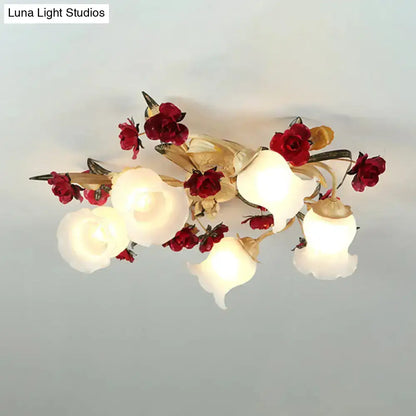 DecorBites™ DecorBites™ Romantic Pastoral Living Room Semi Flush Mount with Flower Frosted Glass Shade in White - 3/5-Light Flush Lamp