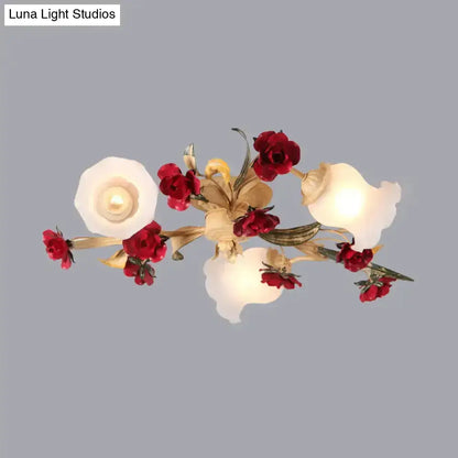 DecorBites™ DecorBites™ Romantic Pastoral Living Room Semi Flush Mount with Flower Frosted Glass Shade in White - 3/5-Light Flush Lamp
