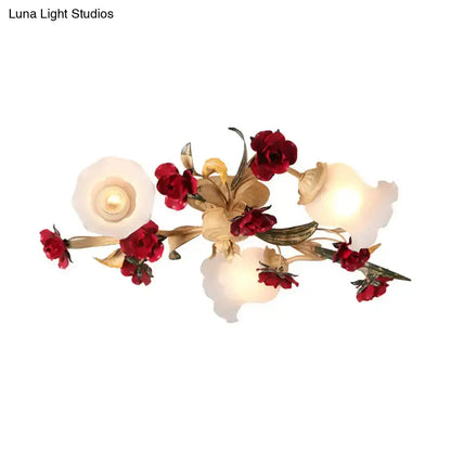 DecorBites™ DecorBites™ Romantic Pastoral Living Room Semi Flush Mount with Flower Frosted Glass Shade in White - 3/5-Light Flush Lamp