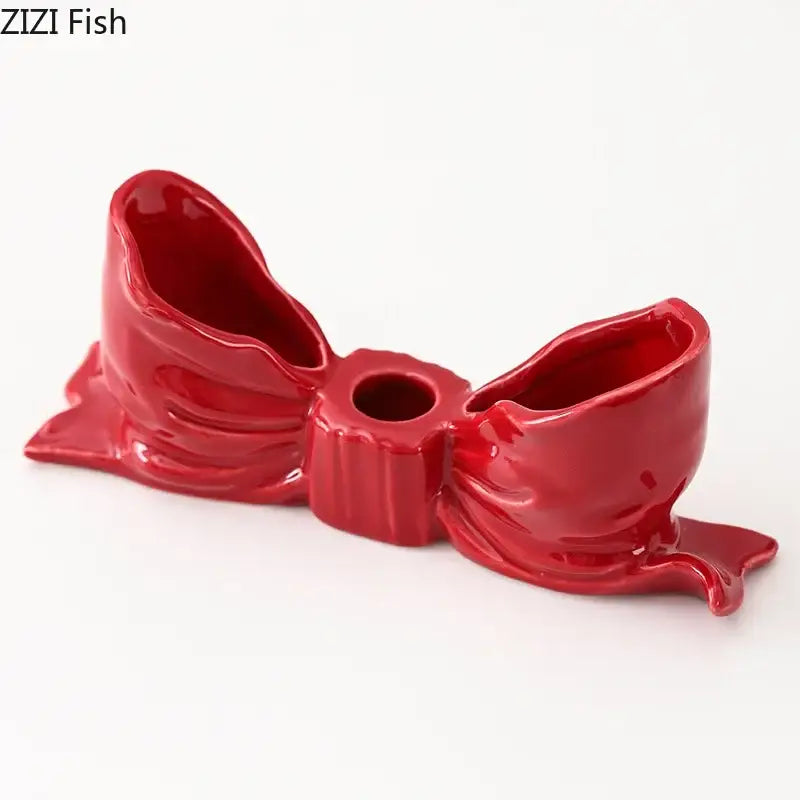 Glossy red decorbites bowknot ceramic candle holder with two cups and central hole for romantic dining room decor