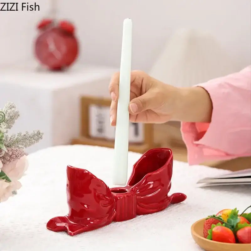 Glossy red decorbites bowknot ceramic candle holder shaped like a bow for romantic dining room decor