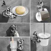 Silver angel-themed bathroom hardware set with ornate sculpted figures and polished metallic finish for bathroom decor