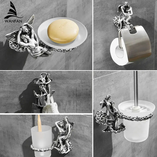 Silver angel-themed bathroom hardware set with ornate sculpted figures and polished metallic finish for bathroom decor