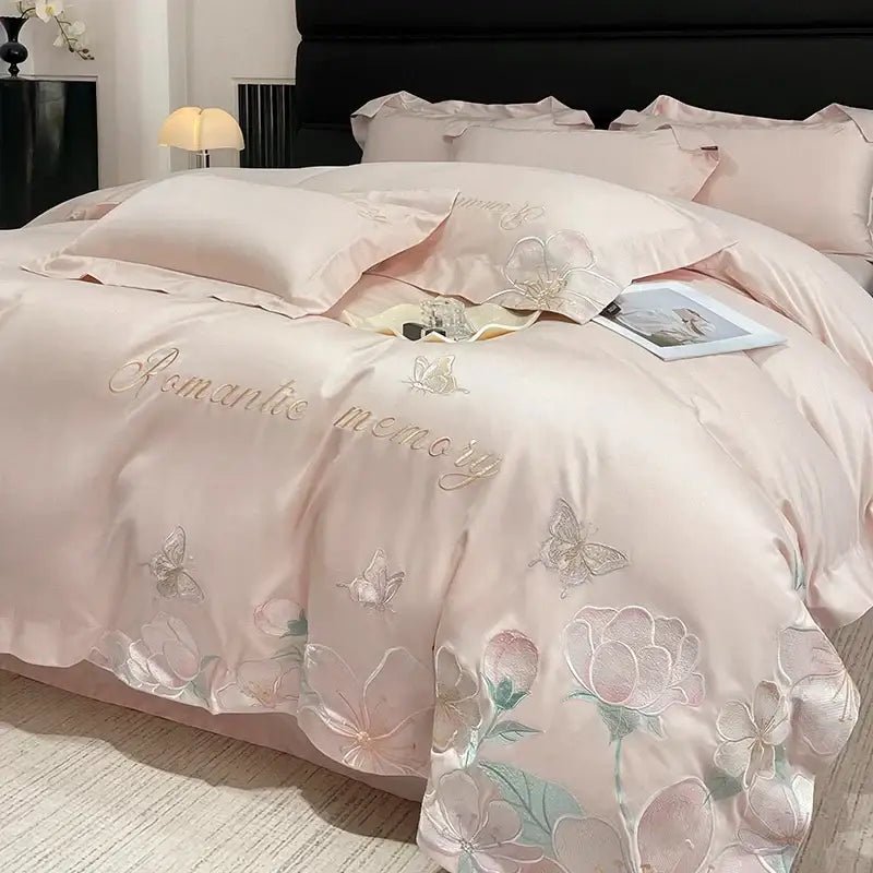 Pink satin bedding set with delicate embroidered flowers butterfly in soft pastel tones for romantic bedroom decor