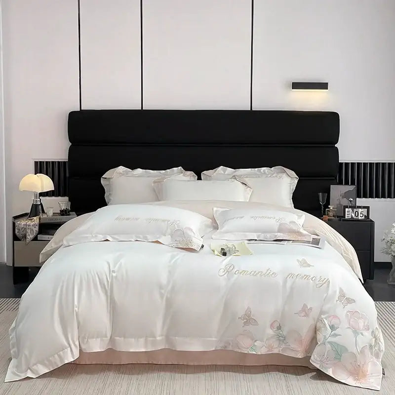 Romantic white and pink satin bedding set with embroidered flowers butterfly and gold thread stitched phrase romantic memory