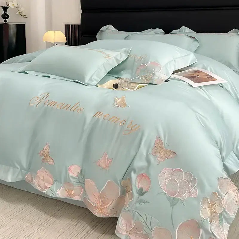 Light blue satin bedding set with embroidered flowers butterfly and gold-threaded romantic memory script