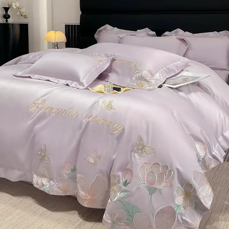 Lavender satin bedding set with embroidered flowers butterfly design in soft pastels and gold thread accents for bedroom