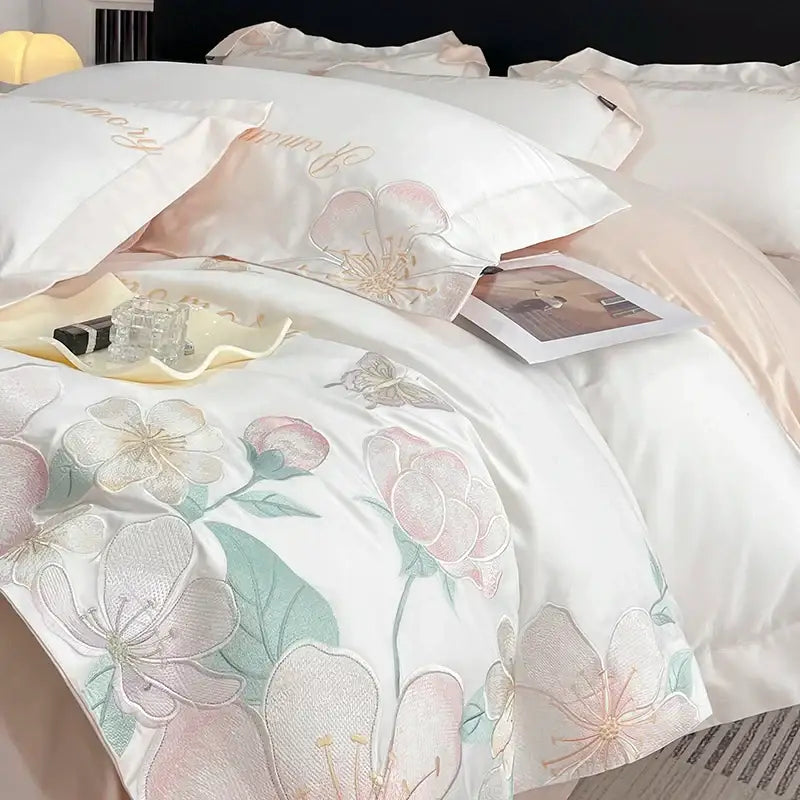 White satin duvet cover with delicate pink and mint green embroidered flowers butterfly design for bedding set