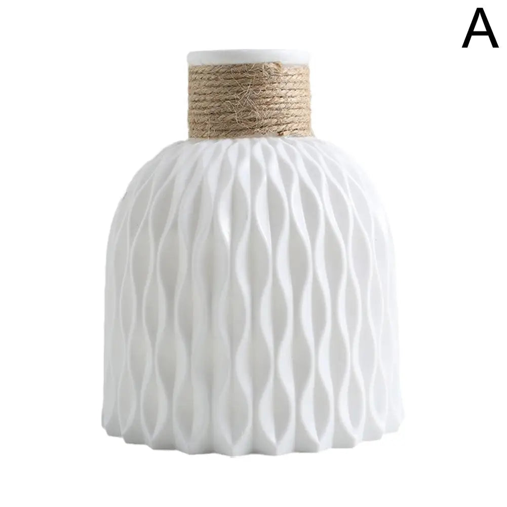 White ceramic rope plastic vase with textured wavy pattern and twine band for living room flower decoration