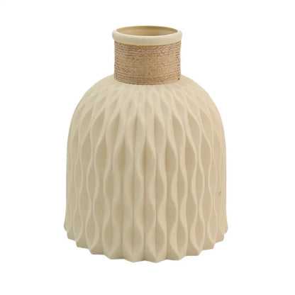 Cream-colored ceramic rope vase with textured waves and natural twine band for living room flower decoration