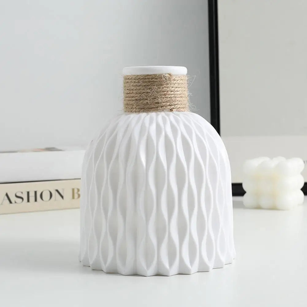 White ceramic rope plastic vase with textured wavy pattern and twine band for diy flower arrangements and home decor