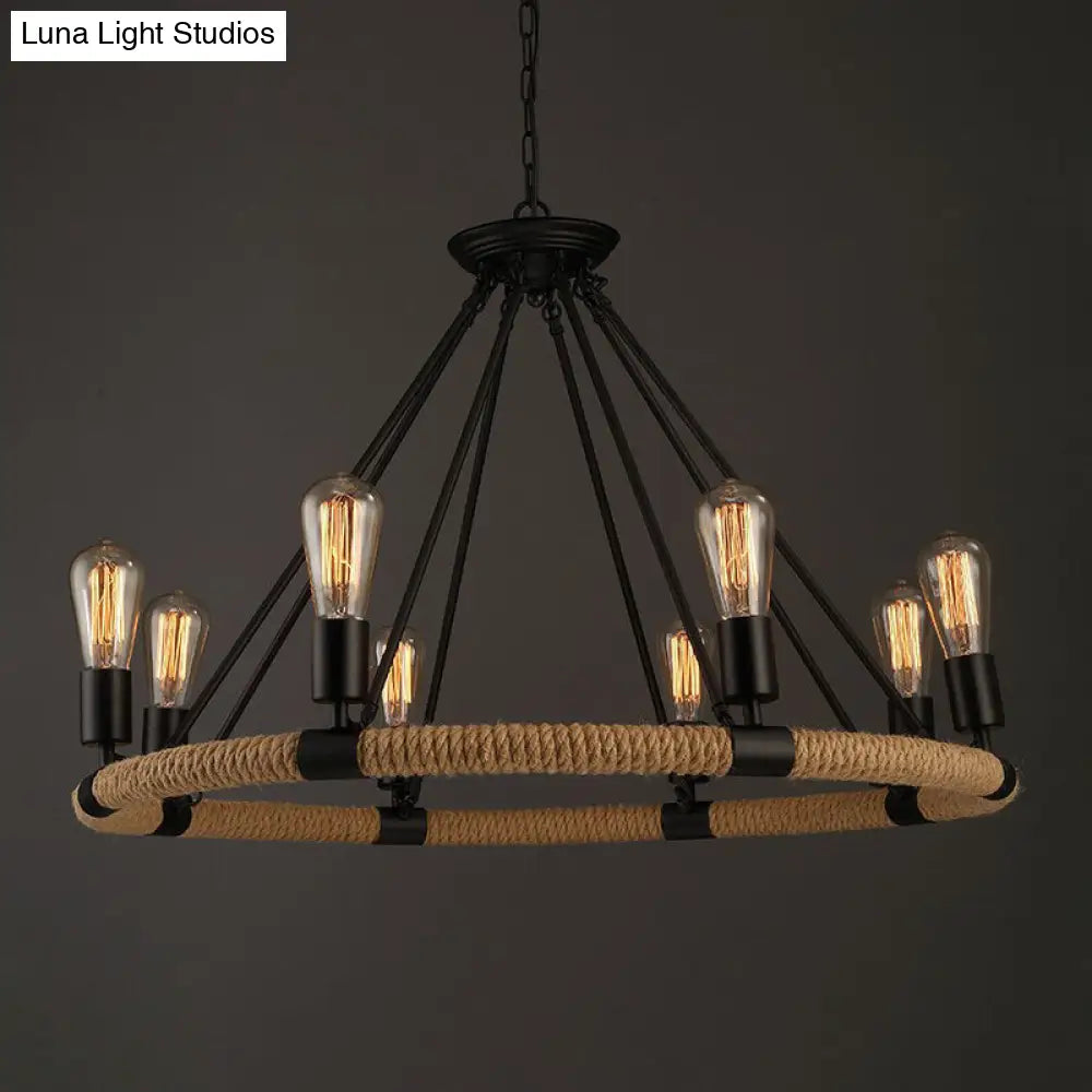 Rope-Wrapped Circle Pendant Light with Multiple Bulbs in Black and Brown