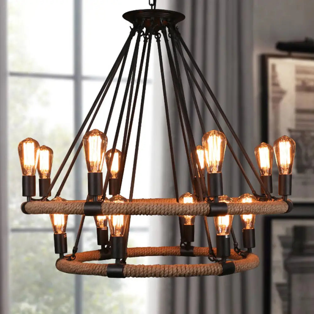 Rope-Wrapped Circle Pendant Light with Multiple Bulbs in Black and Brown