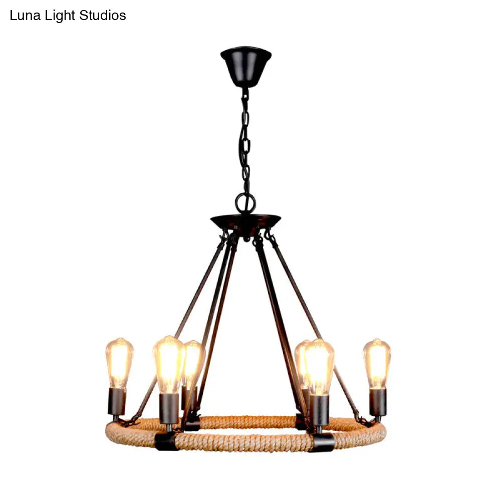 Rope-Wrapped Circle Pendant Light with Multiple Bulbs in Black and Brown