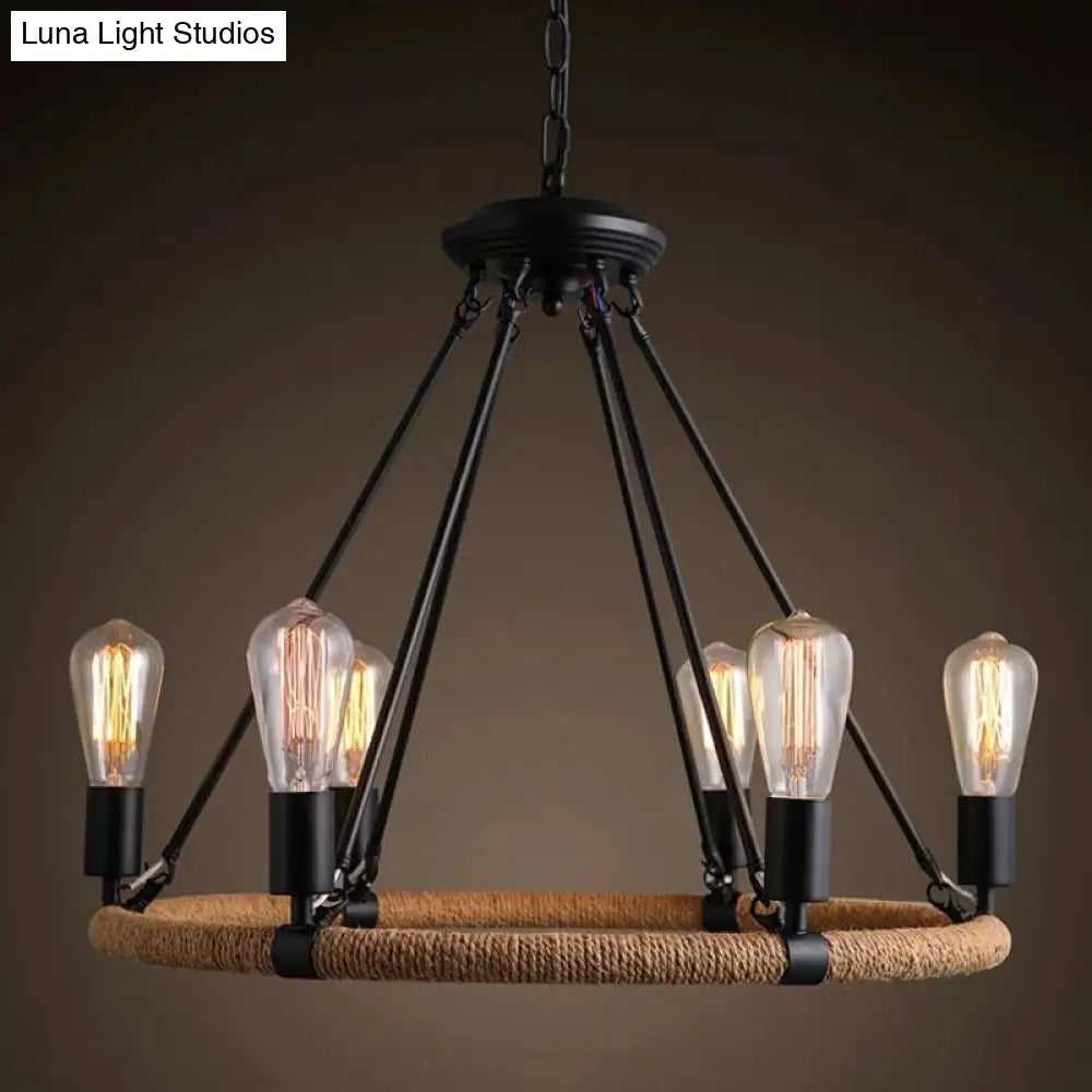 Rope-Wrapped Circle Pendant Light with Multiple Bulbs in Black and Brown