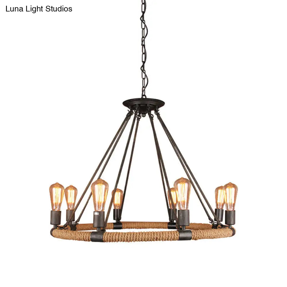 Rope-Wrapped Circle Pendant Light with Multiple Bulbs in Black and Brown