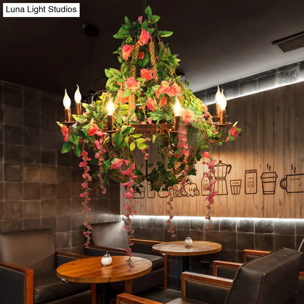 Rose Chandelier LED Rust Hanging Light, Industrial Style, 6 Bulbs- Candle Restaurant