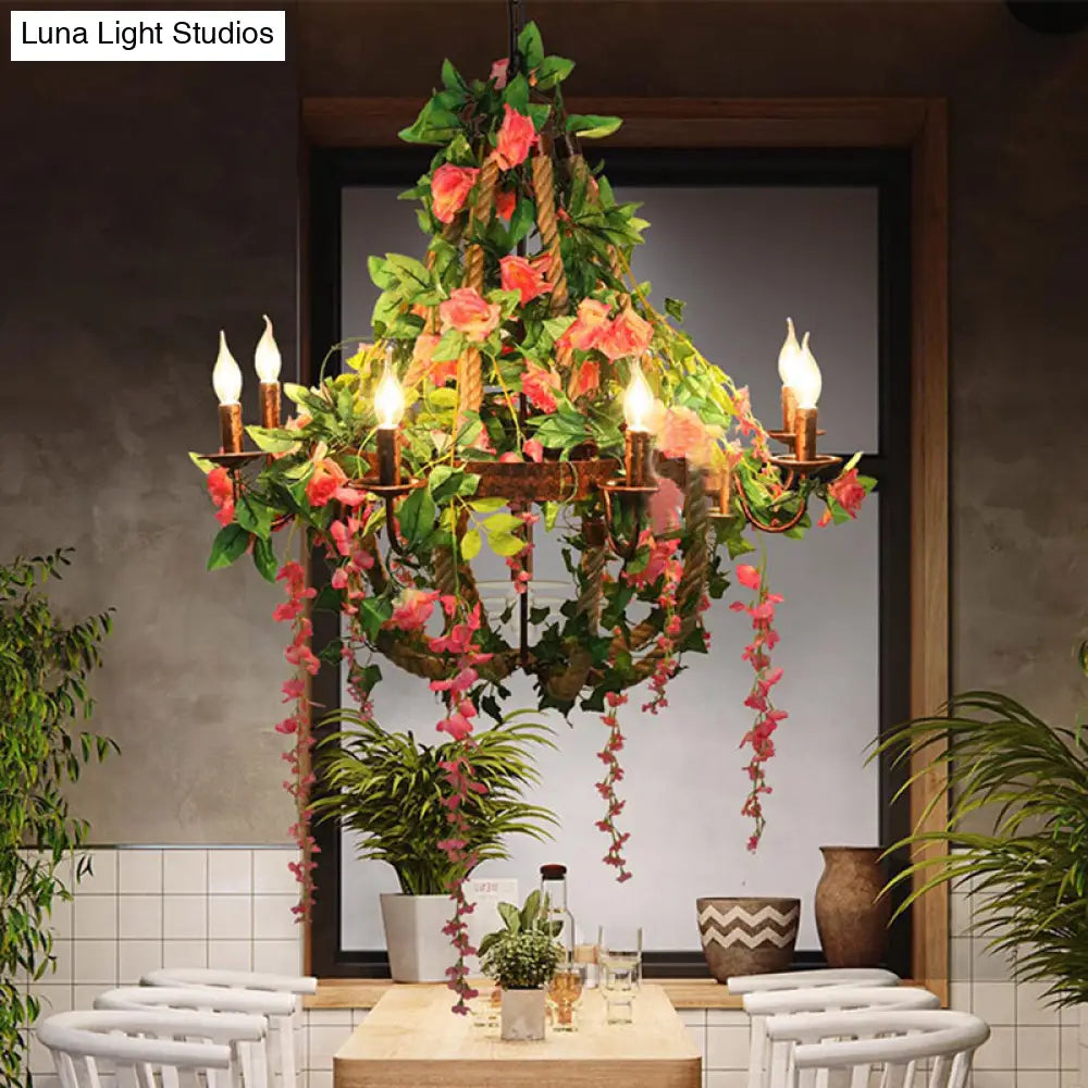 Rose Chandelier LED Rust Hanging Light, Industrial Style, 6 Bulbs- Candle Restaurant