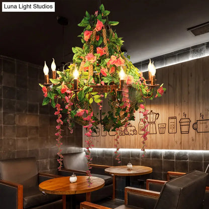 Rose Chandelier LED Rust Hanging Light, Industrial Style, 6 Bulbs- Candle Restaurant