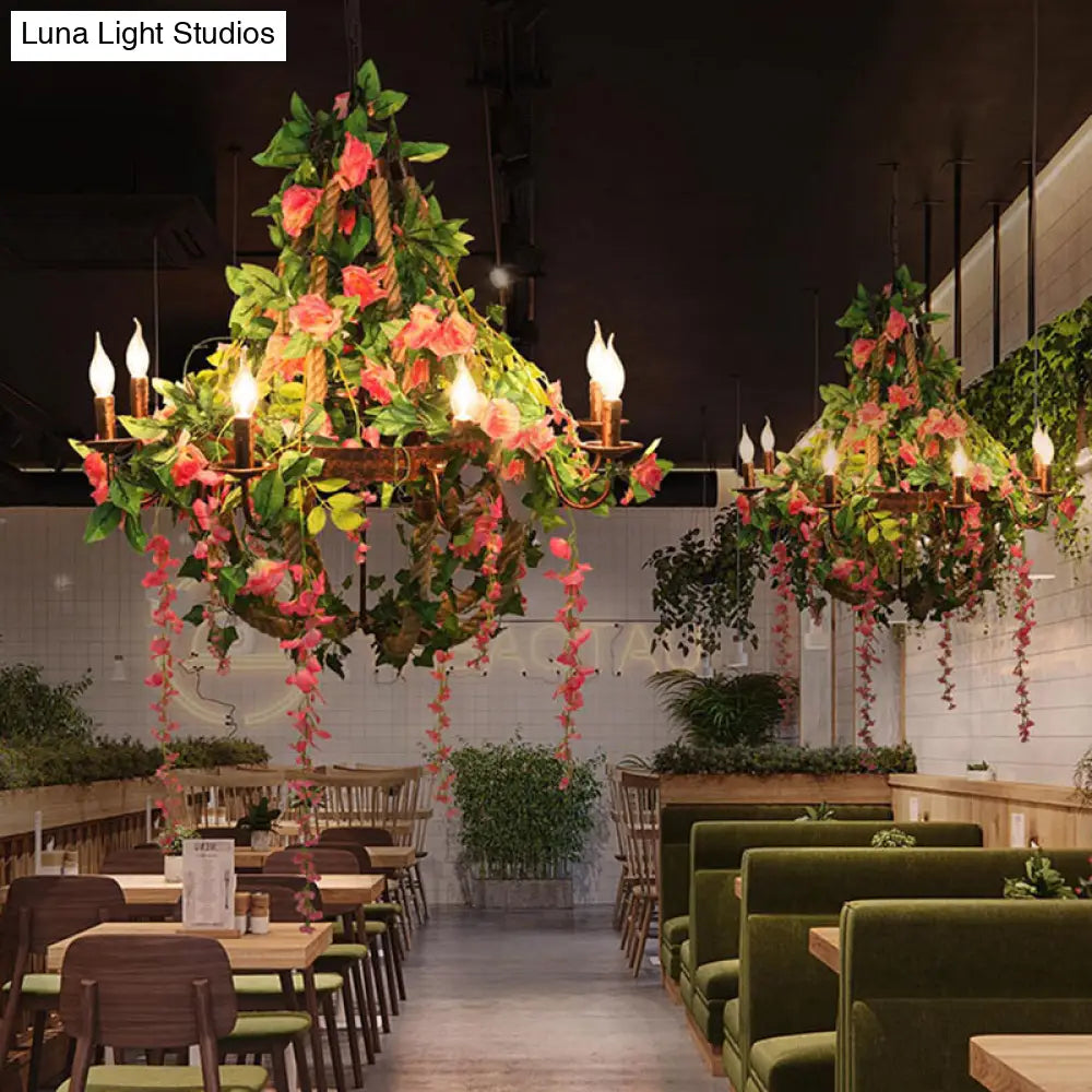 Rose Chandelier LED Rust Hanging Light, Industrial Style, 6 Bulbs- Candle Restaurant