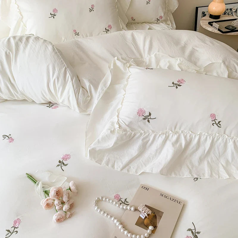 Rose Embroidered Duvet Cover Set Princess Style