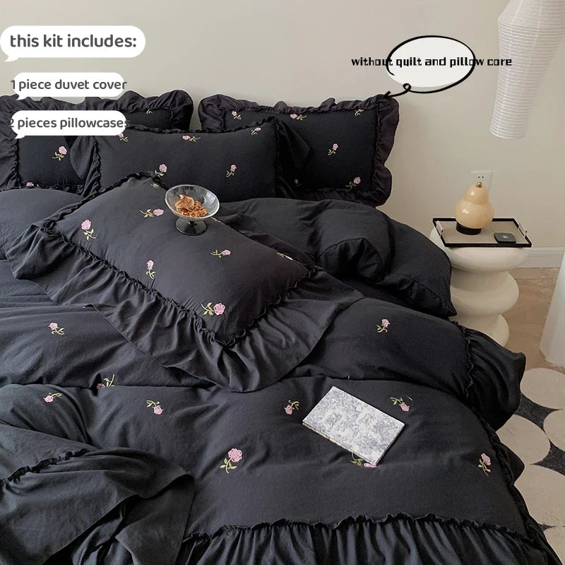 Rose Embroidered Duvet Set - Princess Style - black / 173x229cm-US-Twin / set