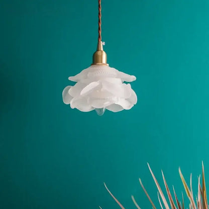 Rose frosted white glass pendant lamp with delicate white flower shape brass fixture and twisted cord for living room light