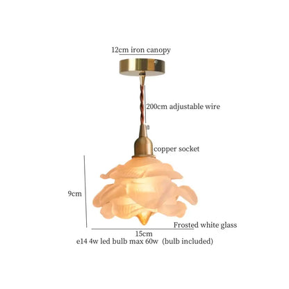 Rose frosted white glass pendant lamp with floral design iron canopy and copper socket for living room lighting