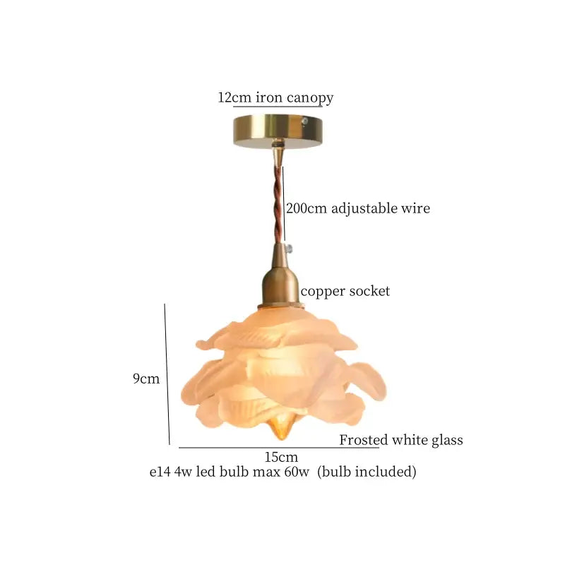 Rose frosted white glass pendant lamp with floral design iron canopy and copper socket for living room lighting